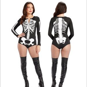 Tipsy Elves Black & Silver Skeleton faux leather Bodysuit & knit leggings S & M